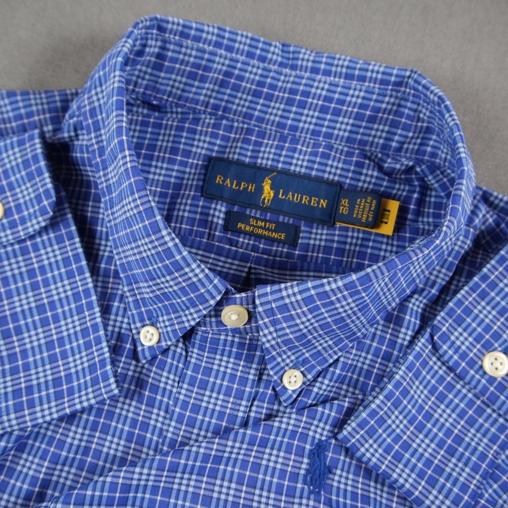 Ralph Lauren Performance Nylon Mens XL Slim Fit Blue Plaid Long Sleeve